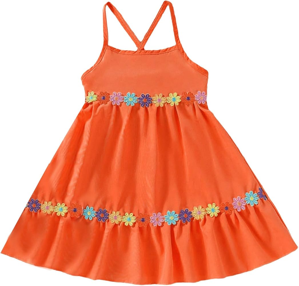 Girl's Floral Pattern Ruffle Hem Cami Dress Cute Criss Cross High Waist Knee Length Summer Dresses