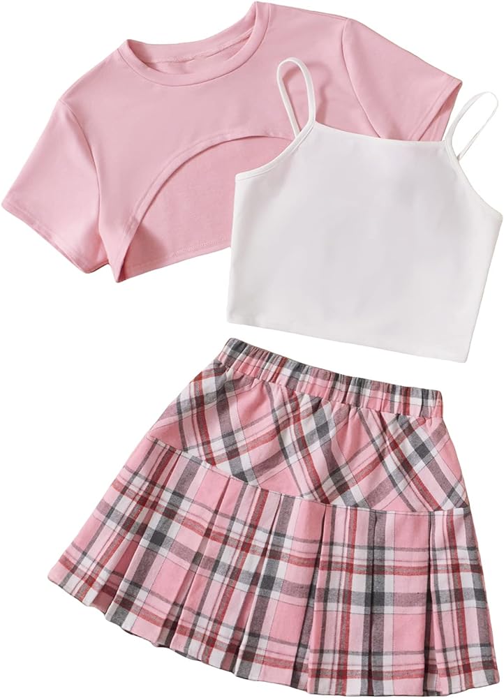 Milumia Girl's 3 Piece Outfits High Low Hem Short Sleeve Crop Tee Camisole and Plaid Skirt Set