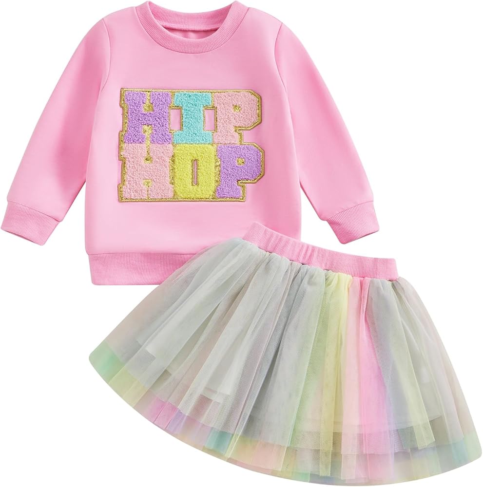 Toddler Girls Tutu Outfits Kids Sweatshirts Long Sleeve Embroidery Shirts +Tulle Mesh Skirt Hip Hop Clothes Sets