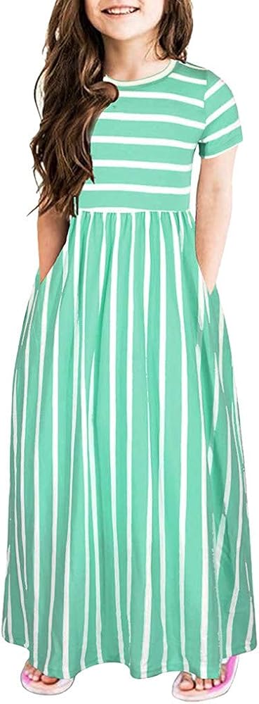 Girls Casual Maxi Striped Dress Short Sleeve Holiday Dresses with Pockets Summer Flowy Swing Dresses Birthday