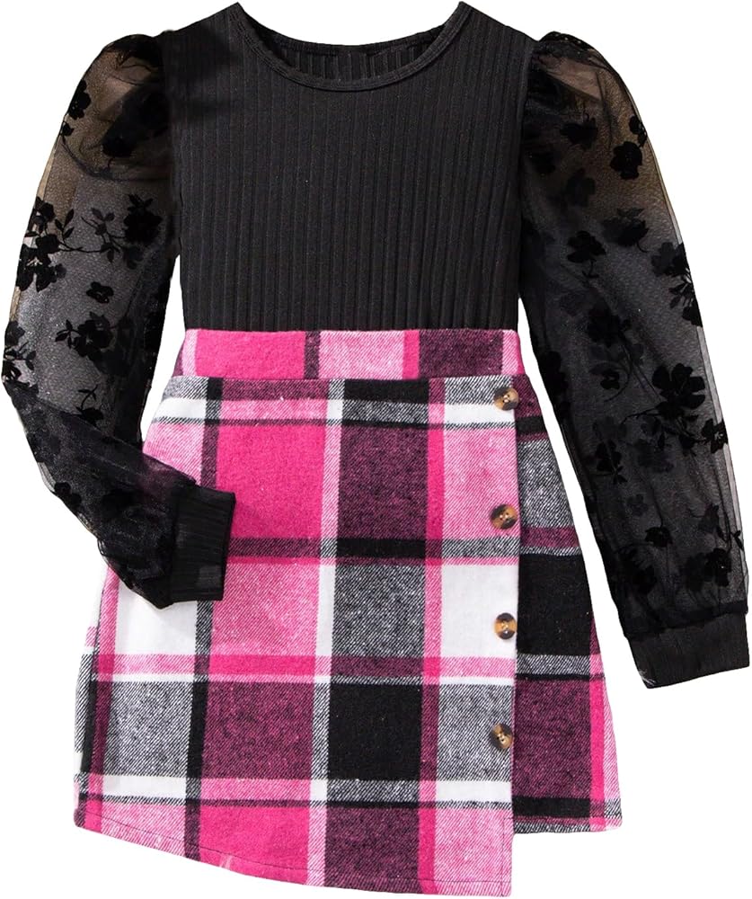 Milumia Girl's Clothing Sets 2 Piece Floral Mesh Long Sleeve Knit Tee and Plaid Skirt Outfits Set Pink and Black 10 Years