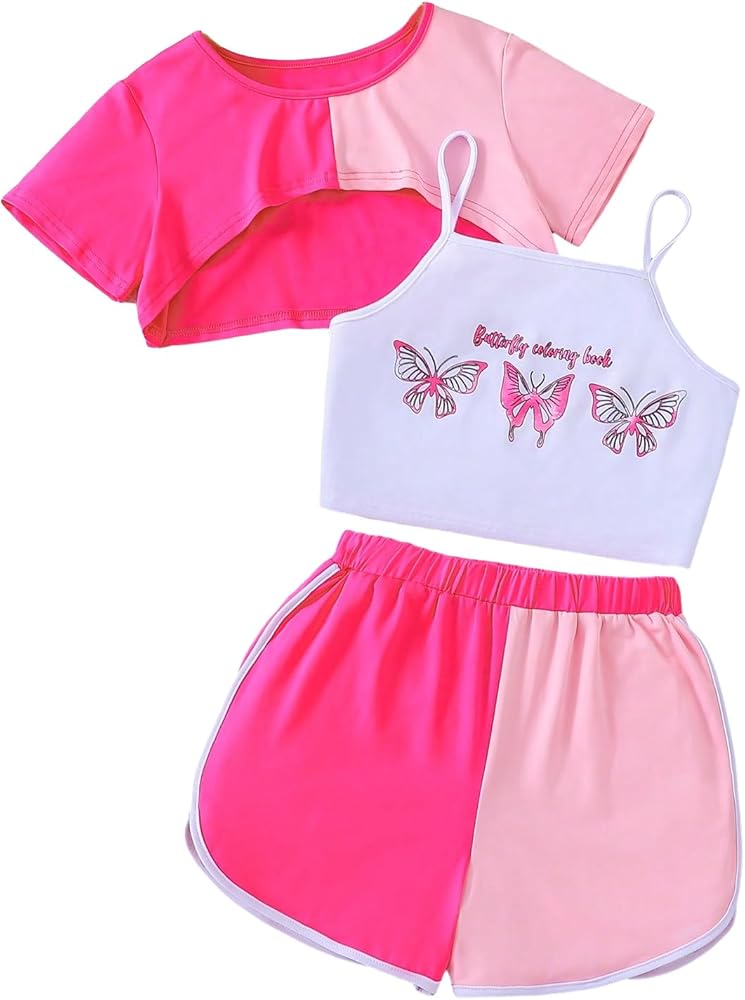 OYOANGLE Girl's Summer Outfit 3 Pieces Letter Print Cami Top and Crop Top Tee with Shorts Set