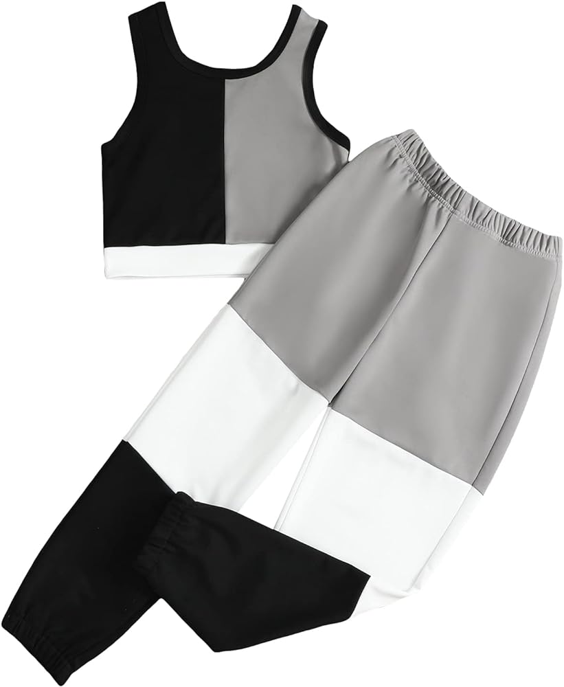 Milumia Girl's 2 Piece Outfits Color Block Round Neck Crop Tank Top and Sweatpants Set