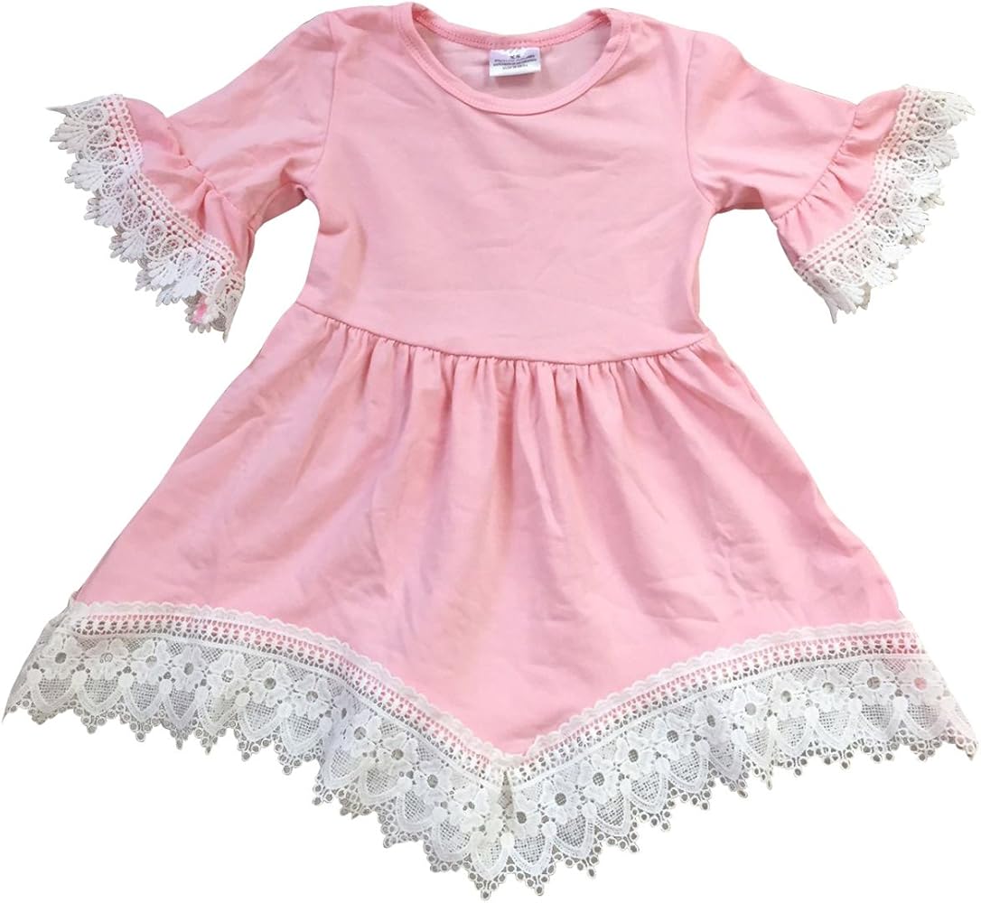 Little Girls Lovely Short Sleeve Lace Solid Birthday Party Flower Girl Dress