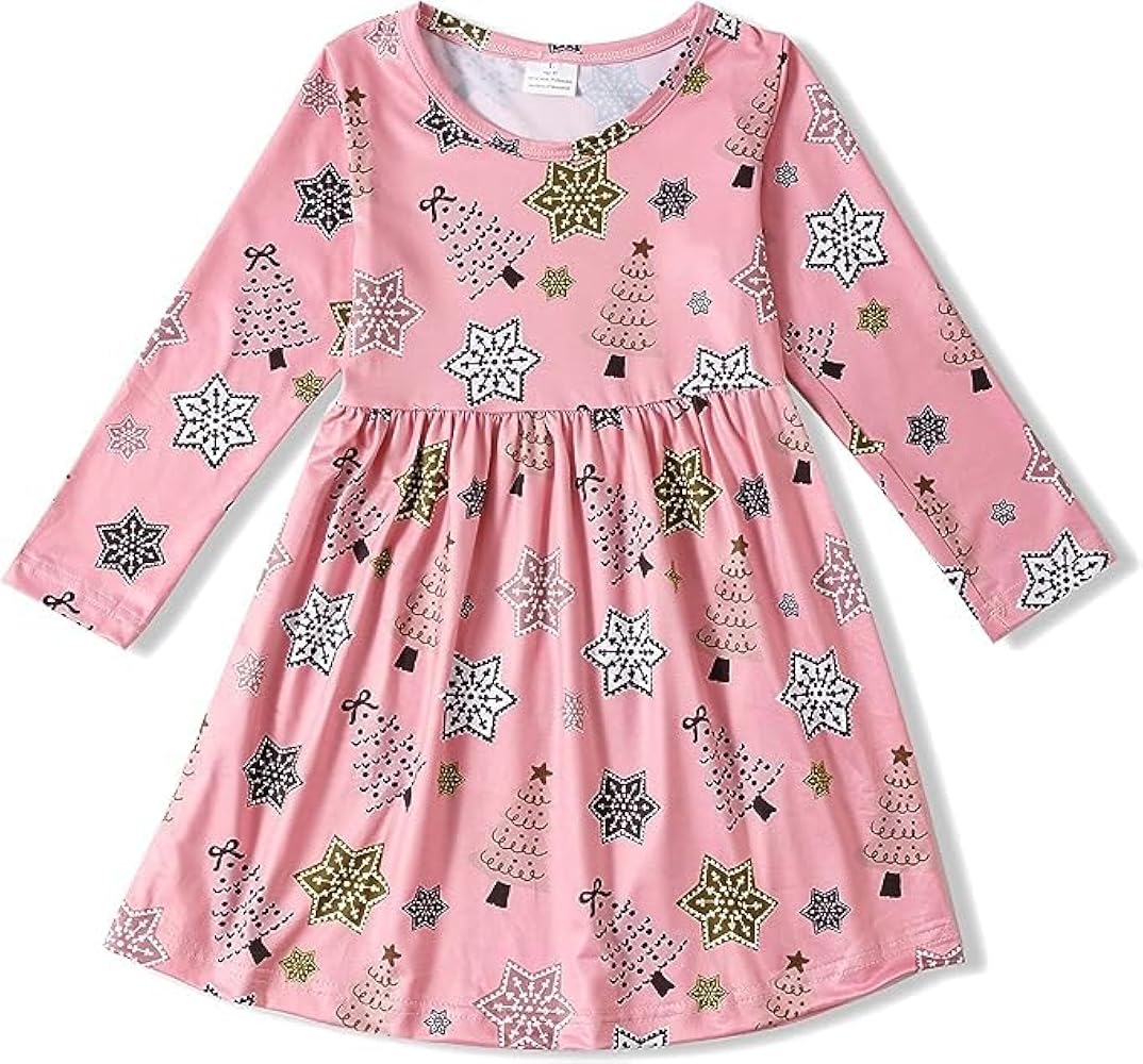 Christmas Toddler Girls Dress Pink Snowflakes Print Long Sleeve Dress 5-6Y