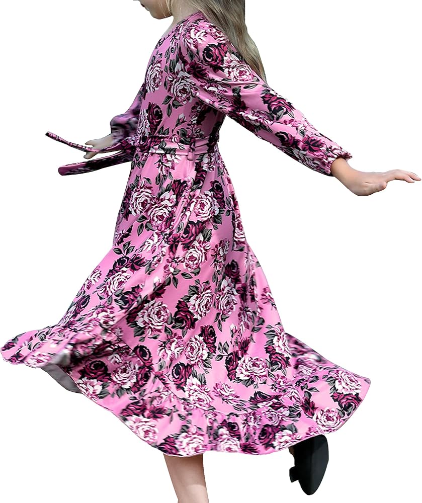 Girls Maxi Dress Long Sleeve Floral Casual Boho Long Dresses with Pockets 4-10 Years