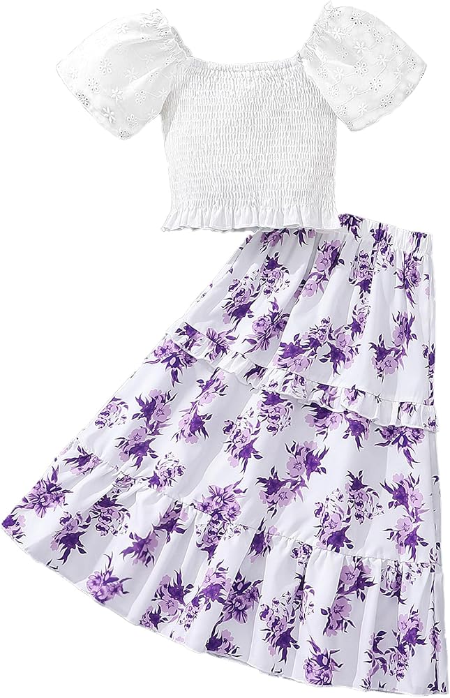 Girls 2PCS Shirred Puff Sleeve Ruffle Hem Top Blouse and Floral Print Elastic Waist Long Ruffle Hem Skirt Sets