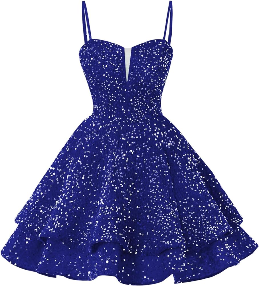 Sequin Homecoming Dresses for Teens 2024 Sparkly V Neck Short Prom Dresses Tiered Cocktail Party Gowns