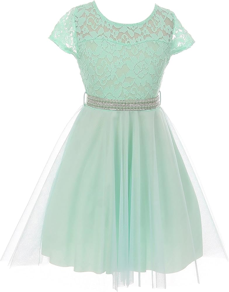 Flower Girl Dress Lace Top Tulle Skirt Pearl Stone Belt Party Dress for Girls