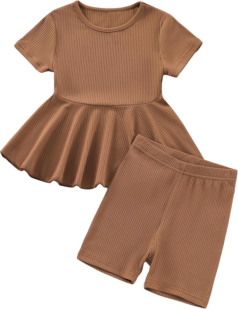 Floerns Toddler Girls 2 Piece Outfit Solid Ruffle Hem Peplum Top and Biker Shorts Set