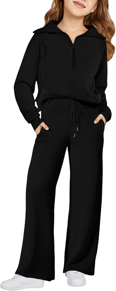 Haloumoning Girls 2 Piece Outfits Half Zip Sweatshirts and Wide Leg Sweatpants Sports Tracksuit Sets 5-14 years