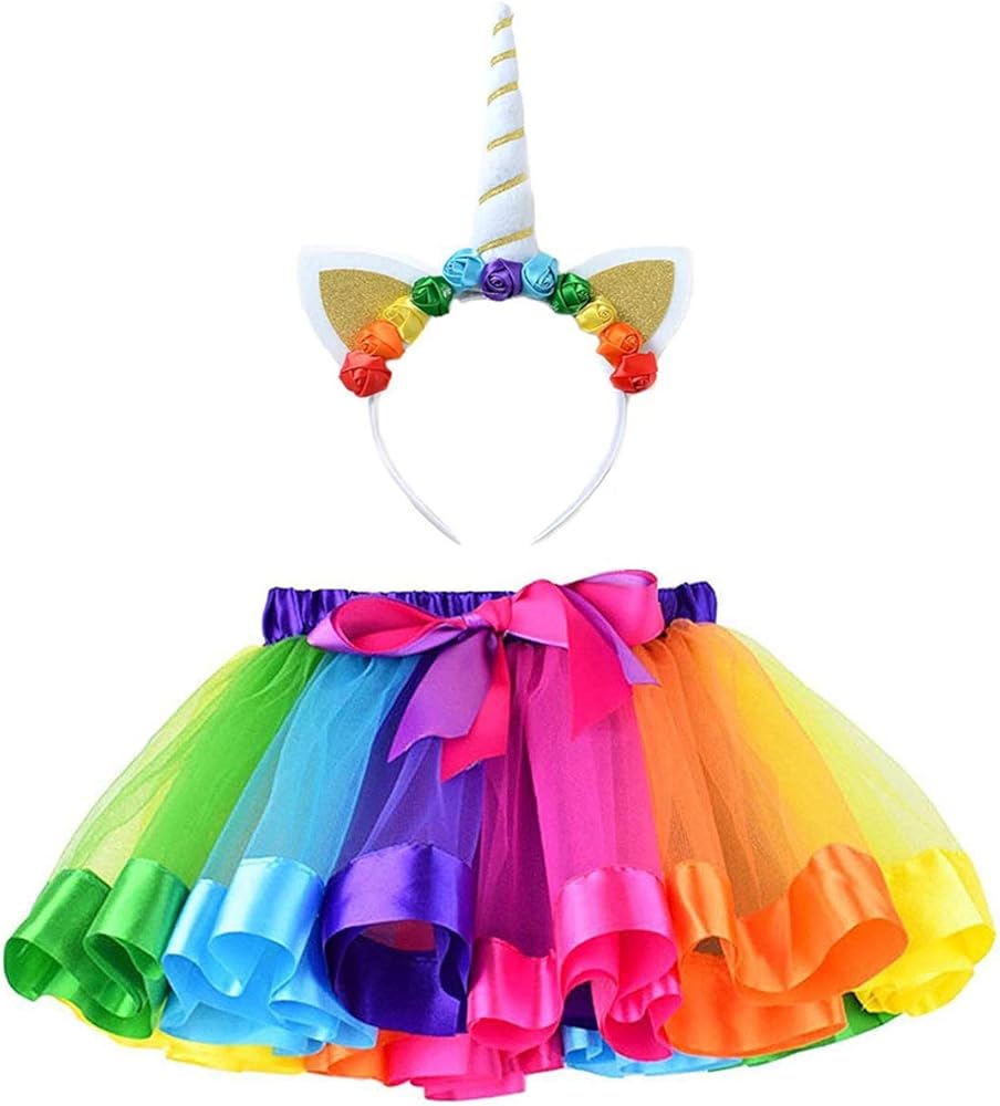 Phantomon Layered Tulle Girls Tutu Skirt Set Unicorn Rainbow Ballet Skirts with Unicorn Horn Headband Party Supplies