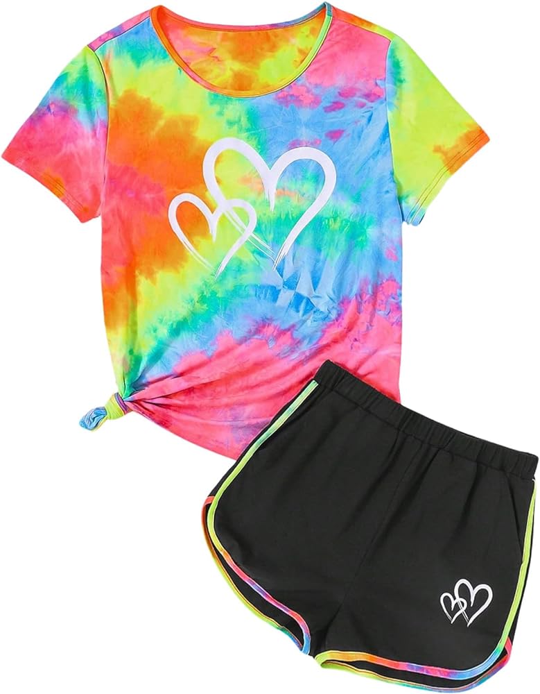 SweatyRocks Girl's Shorts Sets Heart Pattern Tie Dye Tee Shirt Casual 2 Pieces outfits