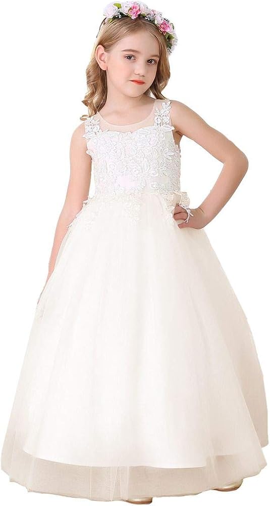 Bow Dream Lace Flower Girl Dress Tulle Wedding First Holy Communion Baptism Dress