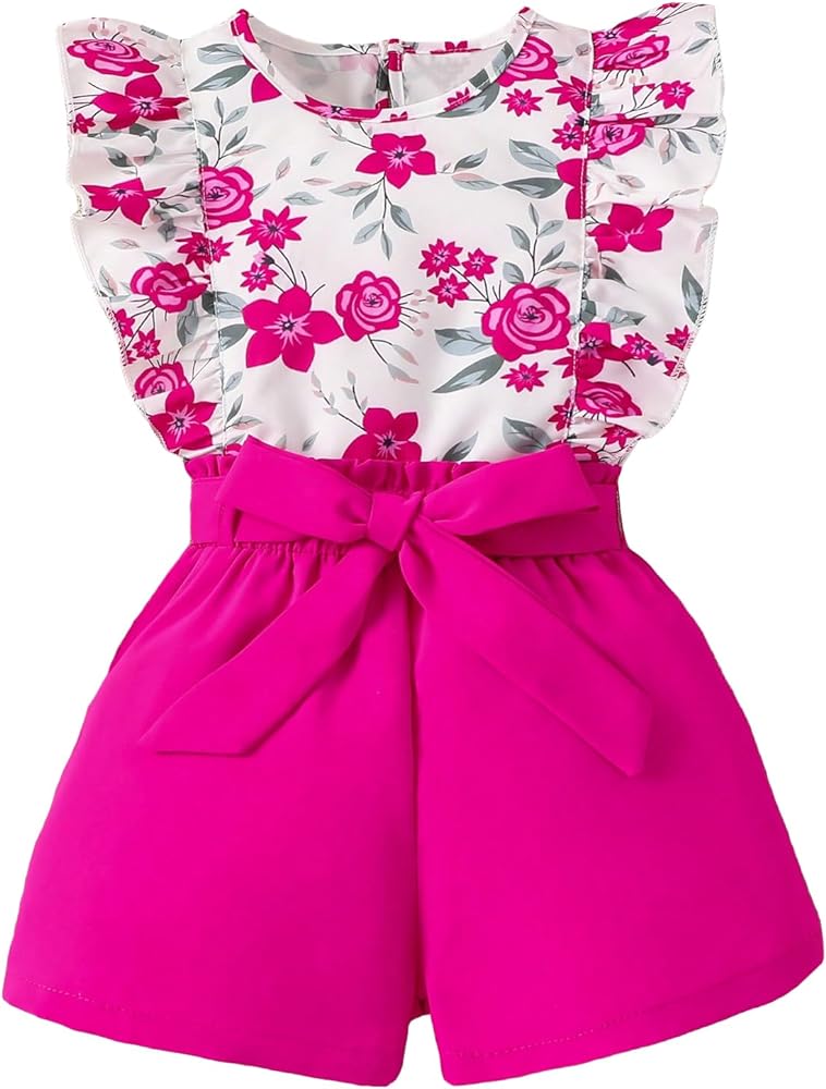 Floerns Girls Floral Print Blouse Top with Belted Shorts Set 2 Piece Outfit