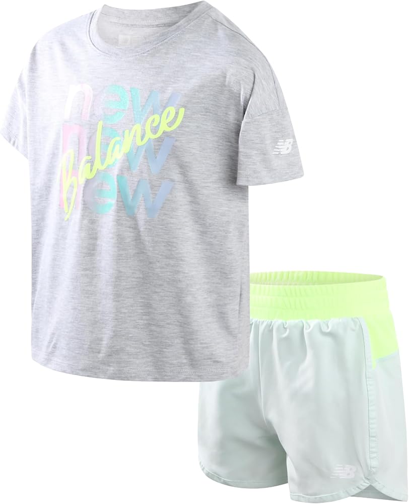 New Balance Girls' Active Shorts Set - 2 Piece Short Sleeve T-Shirt and Running Shorts - Cute Summer Outfit for Girls (7-12)