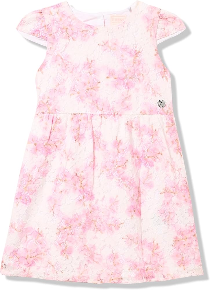 GUESS Girls' Short Sleeve Lace Woven Floral Dress