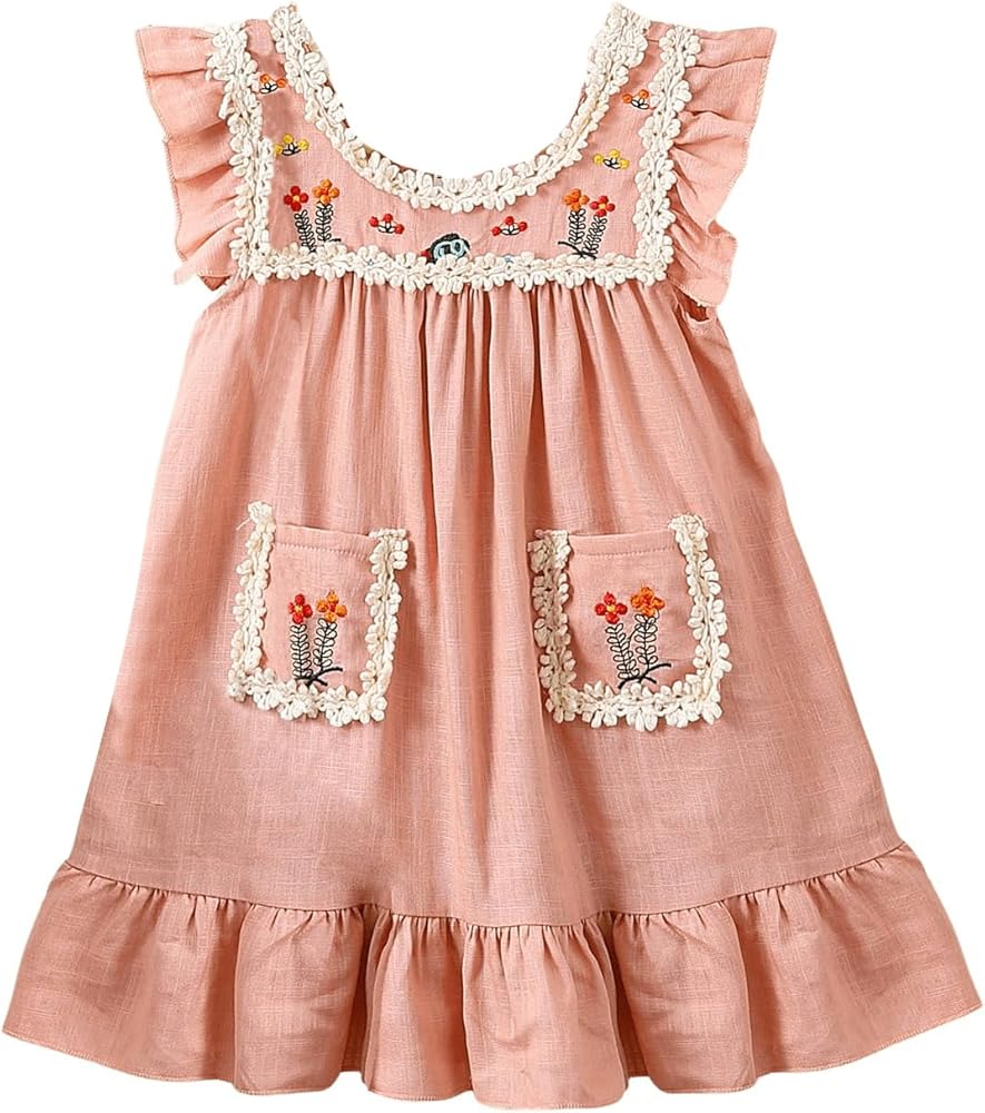 SOLY HUX Toddler Girl's Floral Embroidery Dress Scoop Neck Cap Sleeve Ruffle Hem Smock Summer Dresses