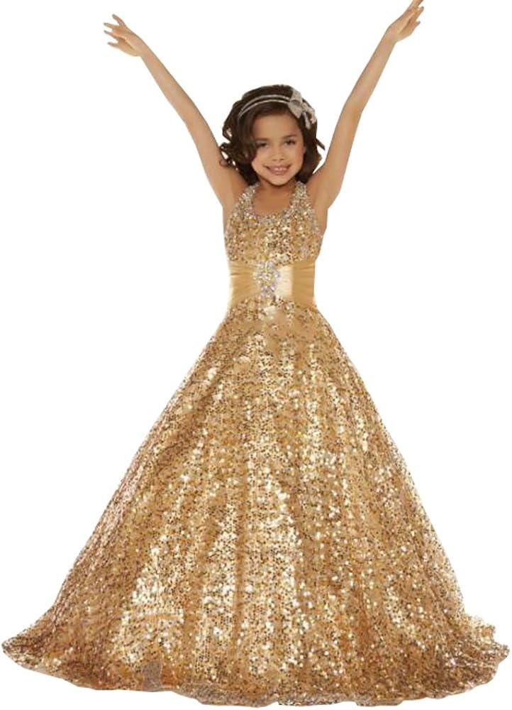 GZCYL Shining Girl Dresses Long Sequins Pageant Girls Dresses Halter Wedding Flower Toddler Gown