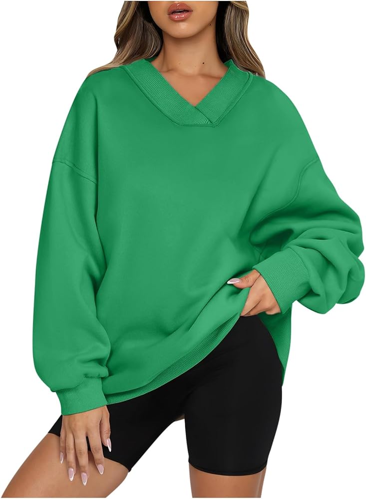 Drop Shoulder Oversized Sweatshirt for Women Casual Long Sleeve V Neck Pullover Fall Winter Girls Preppy Tops 2024