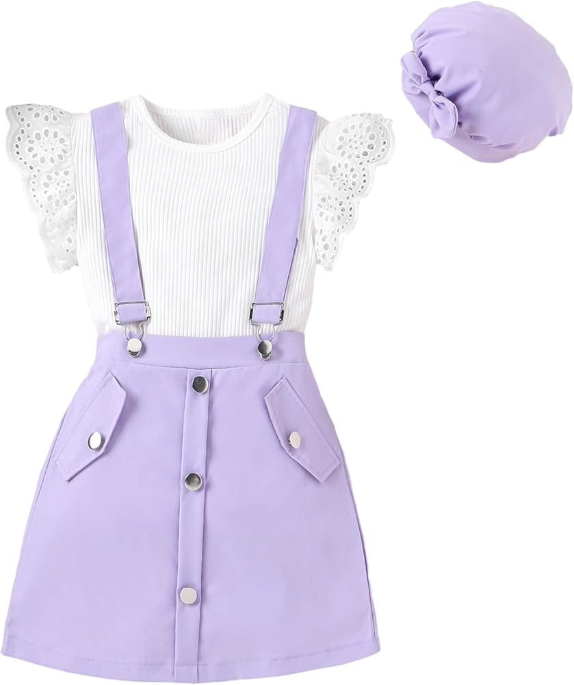 Milumia Girl's 3Pcs Outfits Eyelet Ruffle Trim Cap Sleeve Tee and Pinafore Skirt Set with Hat