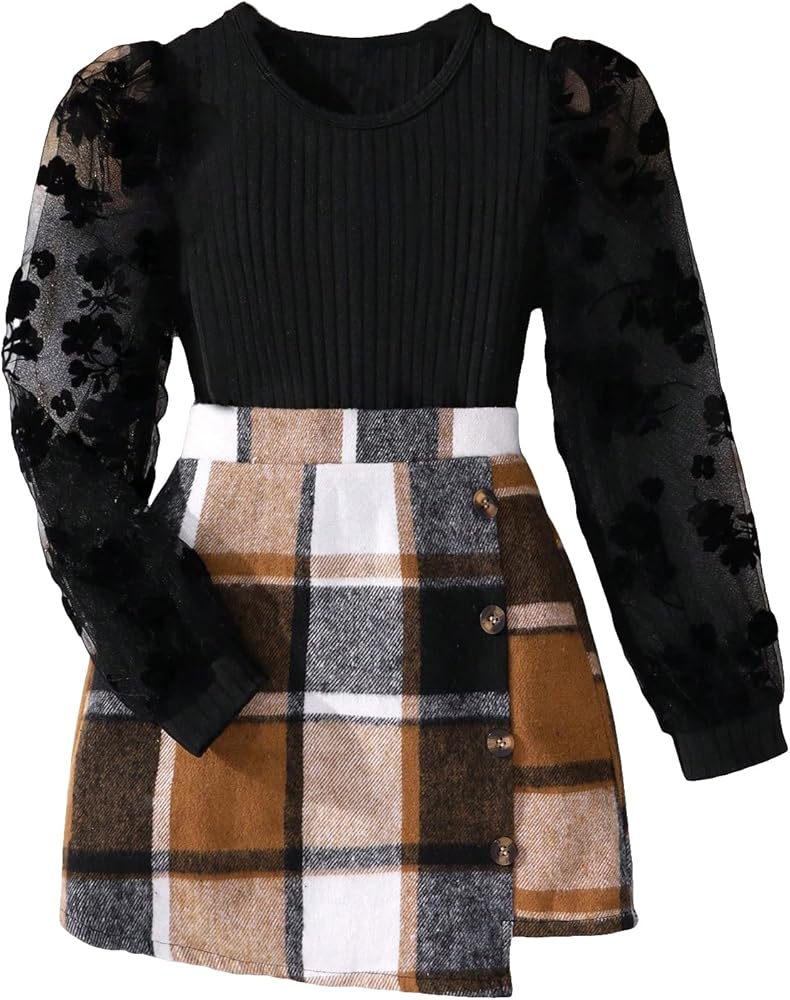 Milumia Girl's Clothing Sets 2 Piece Floral Mesh Long Sleeve Knit Tee and Plaid Skirt Outfits Set Black and Brown 8 Years