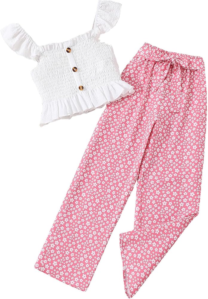 Floerns Girl's Ruffle Trim Tee Shirt Floral Print Belted Pants 2 Piece Outfit