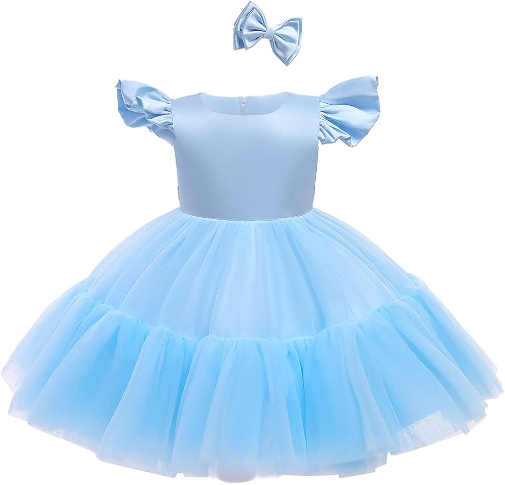 0-6T Big Bowknot Sequins Toddler Baby Girls Embroidered Lace Dresses with Headwear