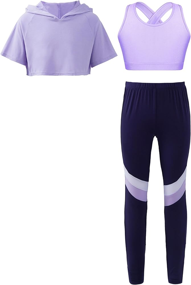 Kids Girls 3pcs Gymnastics Sports Outfits Hoodies with Crop Tank Tops Leggings Set Gym Yoga Running Activewear