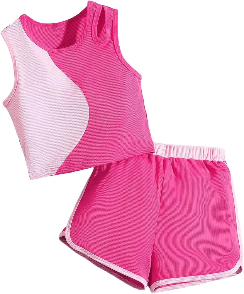 WDIRARA Girl's 2 Piece Outfits Color Block Cut Out Sleeveless Tank Top and Rib Knit Track Shorts Set