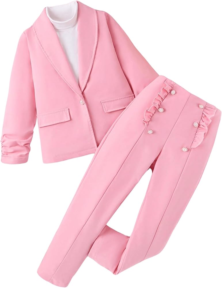 Milumia Girl's 2 Piece Outfits Button Long Sleeve Blazer and Pants Set