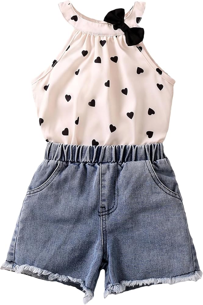 MakeMeChic Girl's 2 Piece Outfits Heart Print Sleeveless Halter Top Raw Hem Jean Shorts Set