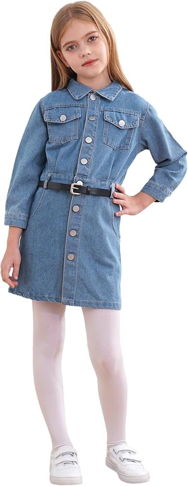 Kids Girls Casual Dress Long Sleeve Denim Jean Dress Button Down Belted A Line Dress Holiday Party Dress