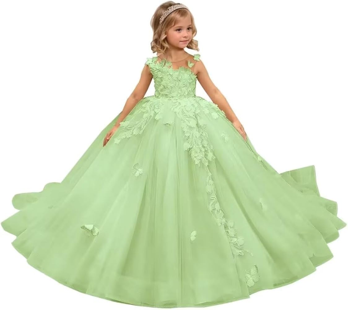 Flower Girl Dress Tulle Appliques 3D Butterfly Pageant Party Princess Ball Gown First Communion Dresses