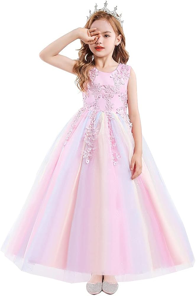 MYRISAM Flower Girls Embroidered Lace Wedding Party Sequins Dress Communion Formal Birthday Princess Pageant Long Tulle Gown