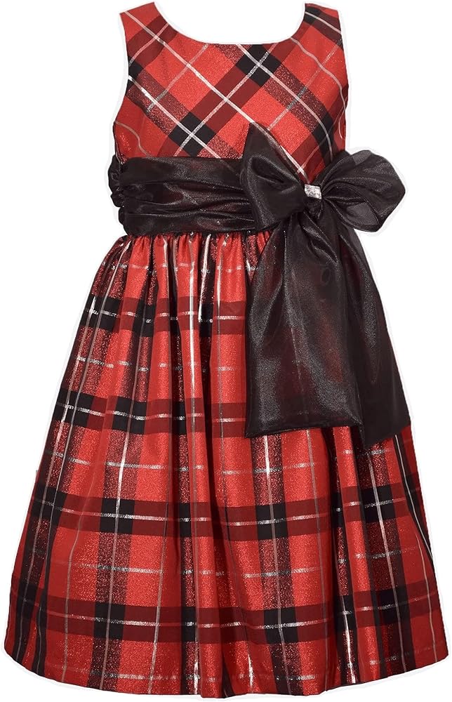 Bonnie Jean Girls 4-16 Red Black Taffeta Plaid Chiffon Bow Holiday Dress