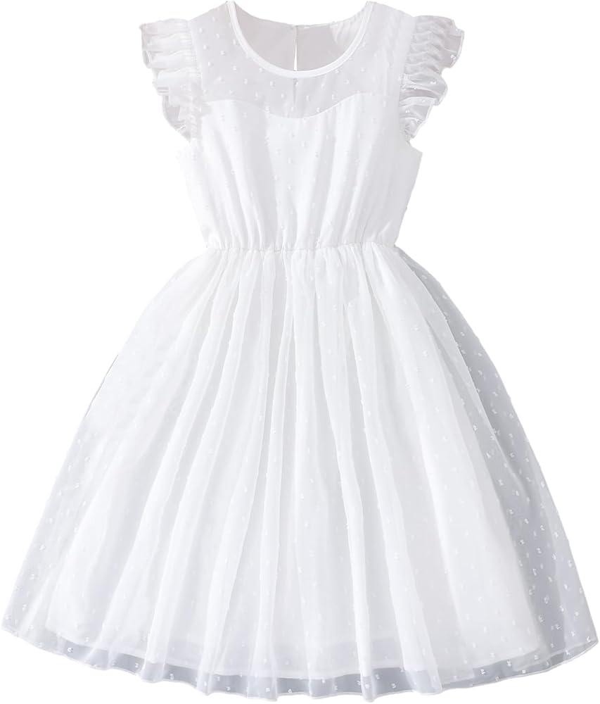 WDIRARA Girl's Ruffle Trim Contrast Mesh Cap Sleeve High Waisted A Line Flare Cute Dress