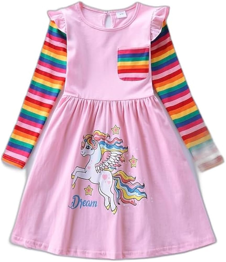 Kids Girls' Dress Cartoon Rainbow Unicorn Long Sleeve Training Outdoor Cute Basic