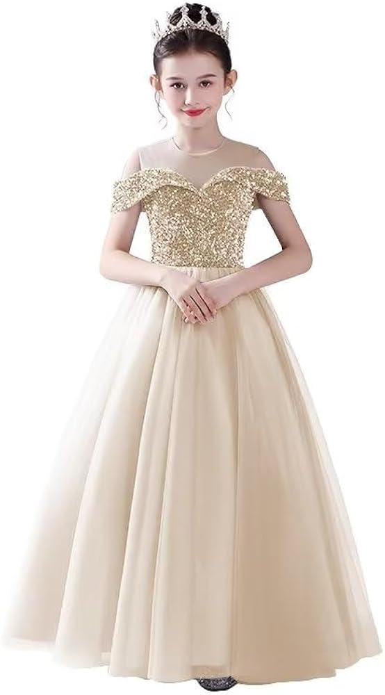 dideyttawl Girls Formal Dress Pageant Dress Junior Bridesmaids Dress Off Shoulder Gown Girls Tulle Sequin Floor Length Dress