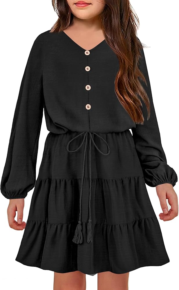 Arshiner Tween Girls Dresses Fall Long Sleeve V Neck Waist Tie Ruffle Tiered Swing Skater Dress