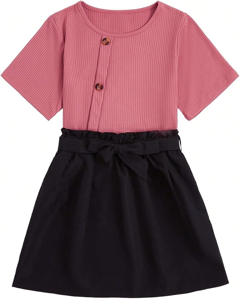 Girl's Colorblock Button Detail Dress Short Sleeve Cute Round Neck High Waist A Line Dresses