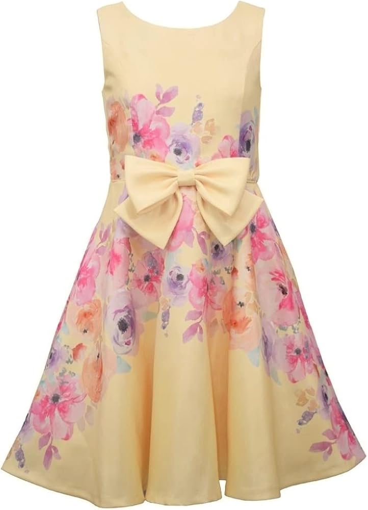 Bonnie Jean Girls 7-16 Yellow Watercolor Floral Shantung Bow Front Dress