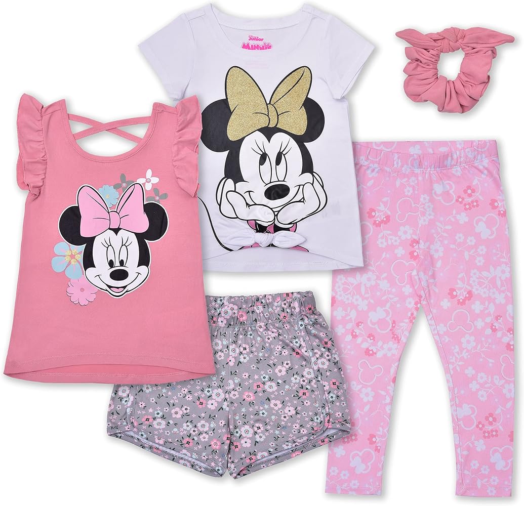 Disney Minnie and Mickey Girls Tank Top, T-Shirt, Short, Legging and Scrunchie Set for Toddler and Little Kids