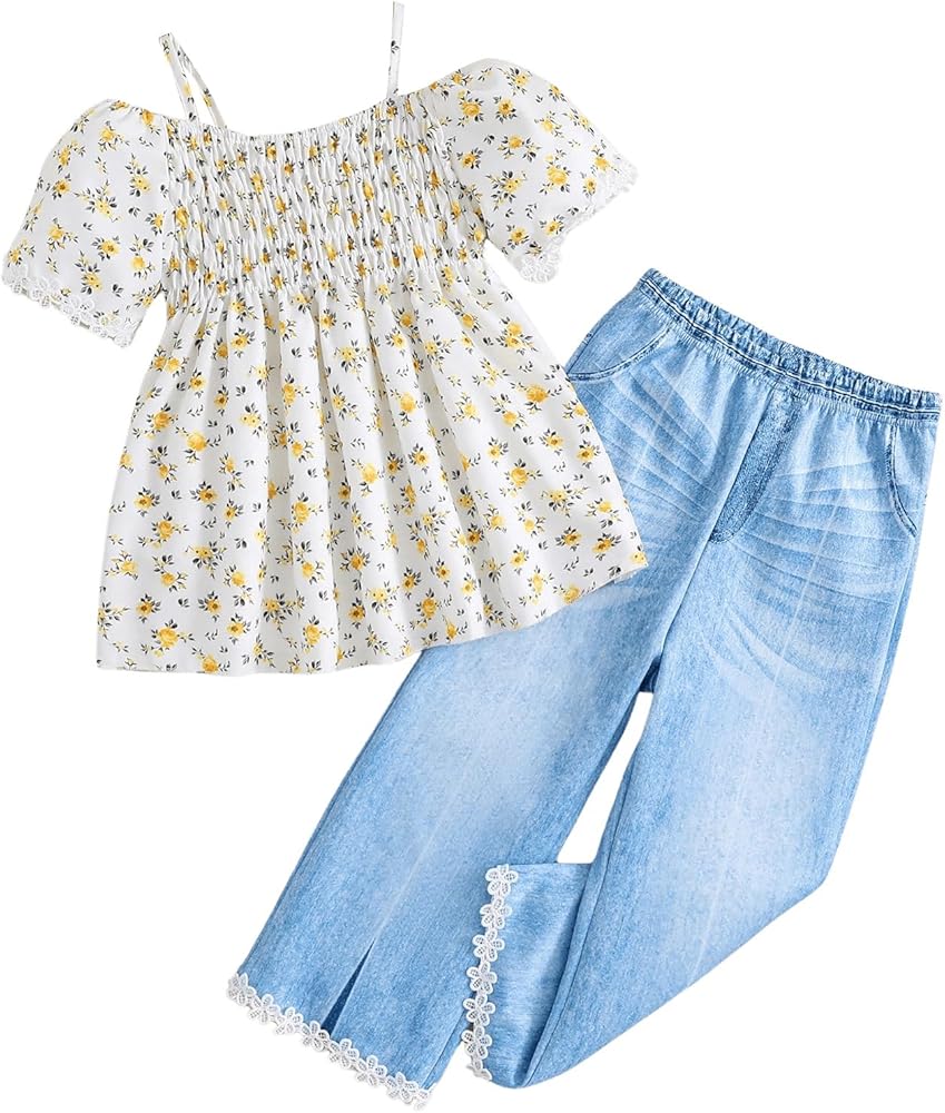 Girl's 2 Piece Floral Print Ruffle Hem Short Sleeve Spaghetti Strap Shirred Blouse Shirt Top and Denim Pants Sets