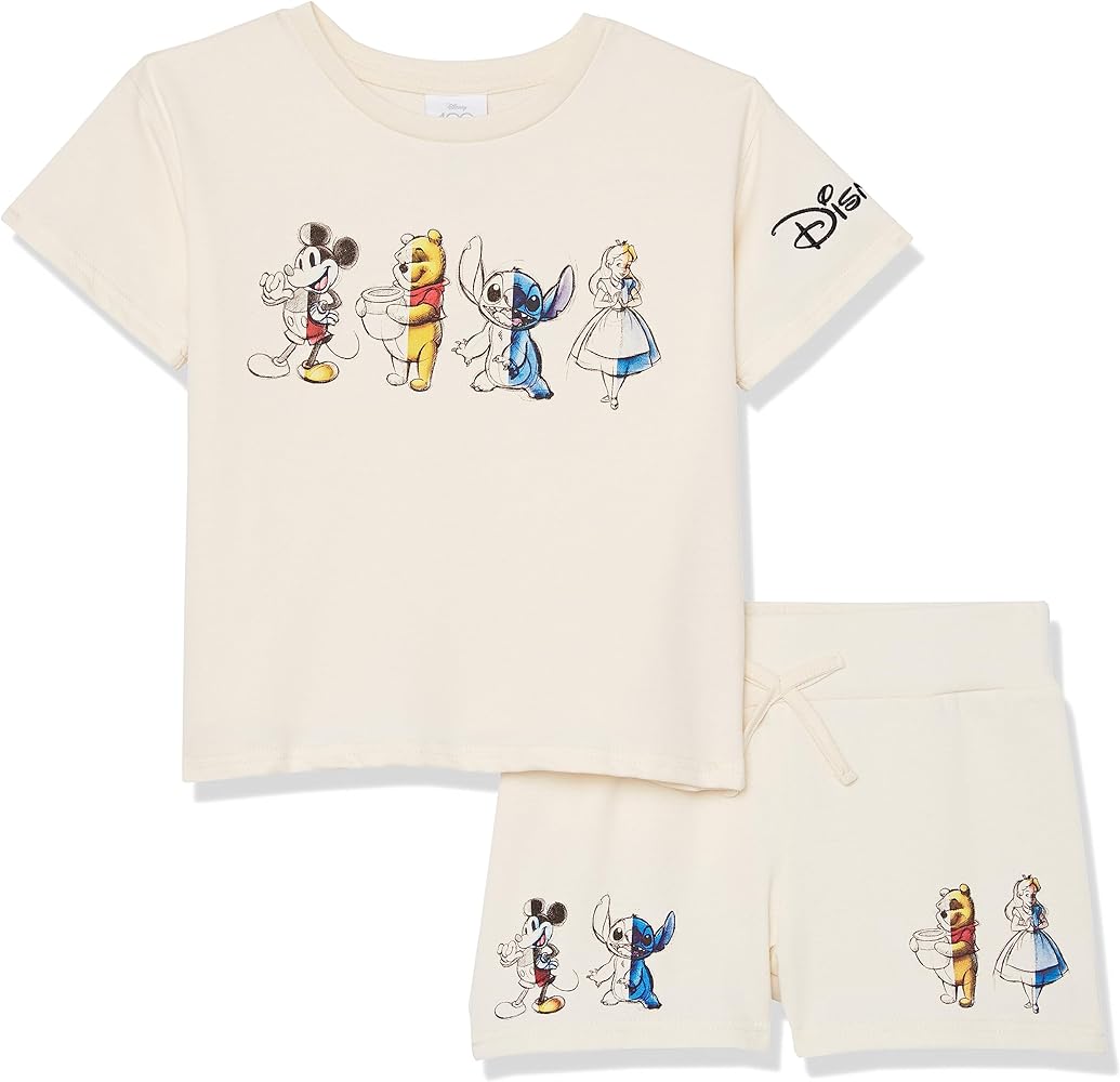 Disney Girls D100 Character Girls French Terry Tee & Short Set - Mickey, Stitch, Winnie the Pooh, Alice