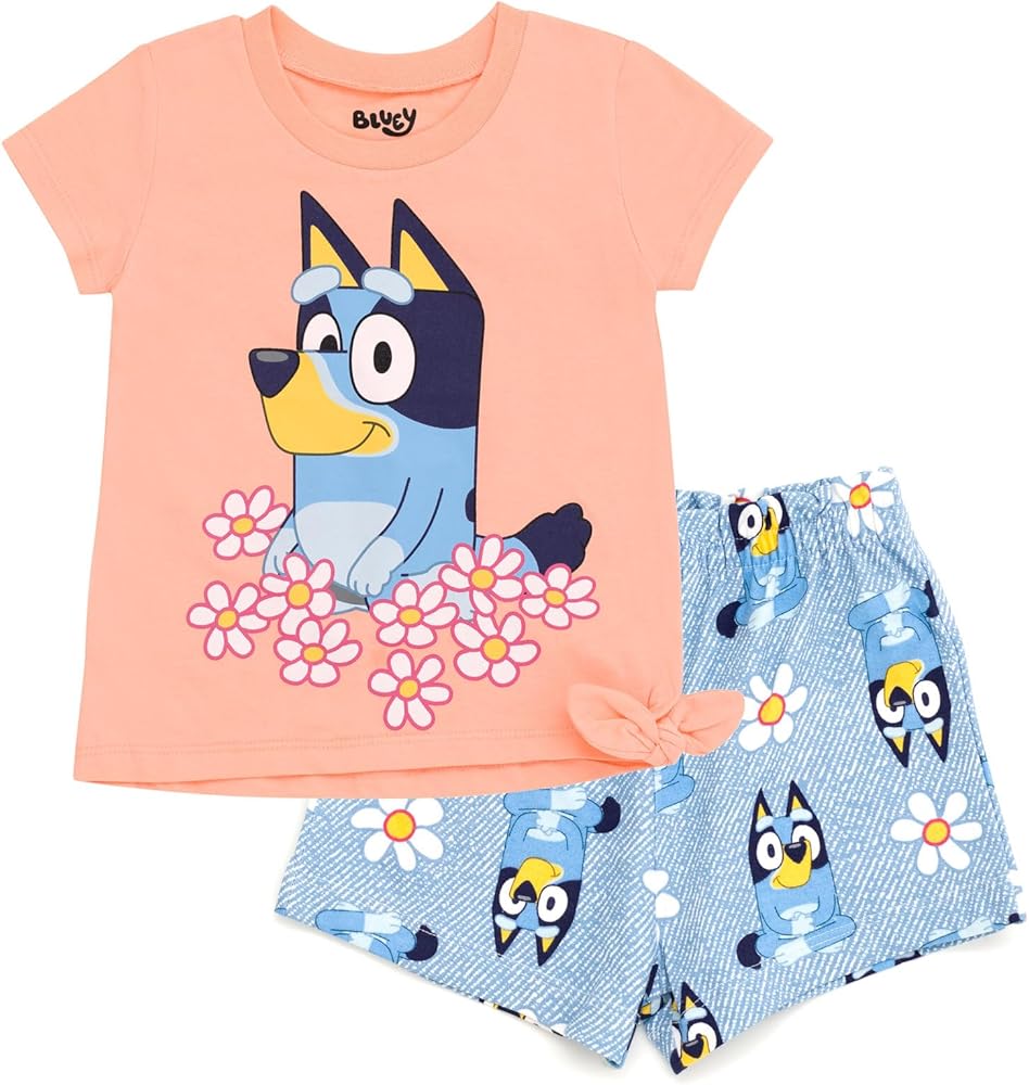 Bluey Girls T-Shirt and French Terry Shorts Outfit Set Toddler to Big Kid Sizes (2T - 10-12)