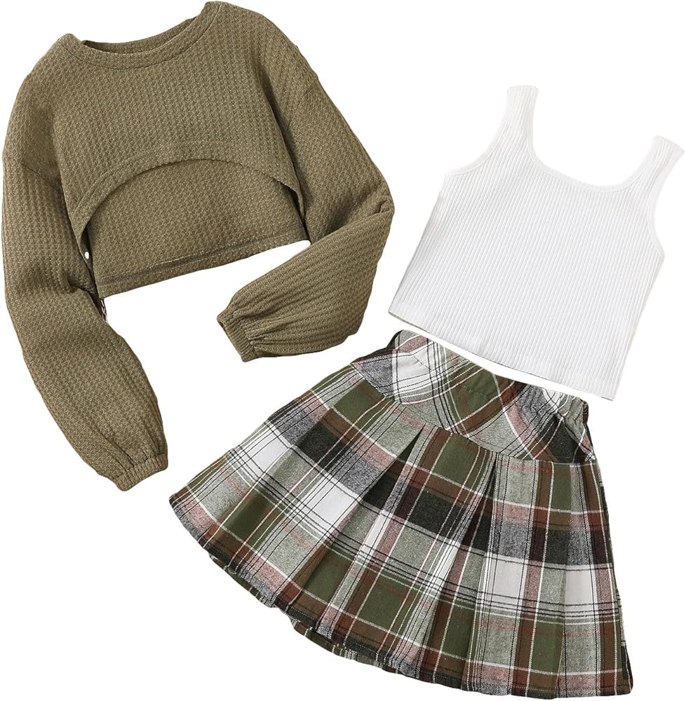 OYOANGLE Girl's 3 Piece Outfit Tank Top and Plaid Pleated Skirt with High Low Hem Crop Shirt Set