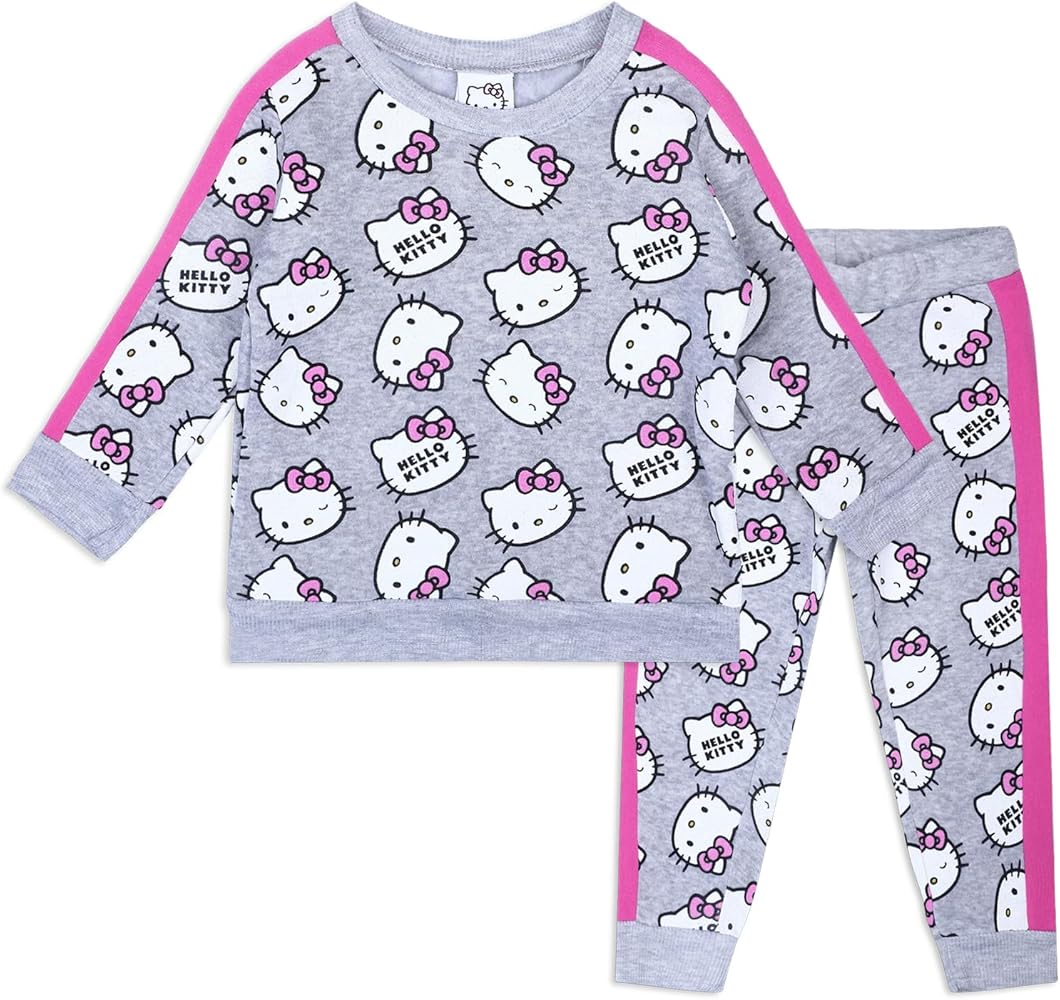 Hello Kitty Sanrio Girls 2 Piece All Over Print Fleece Crewneck Sweatshirt and Pant Set - Grey/Pink