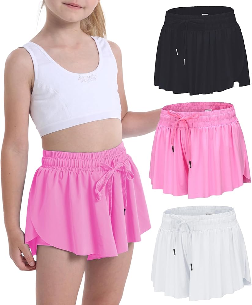 Flowy Shorts for Teen Girls Athletic Gym Running Biker Shorts Preppy Youth Butterfly Shorts（Black/White/LightHotPink-S）