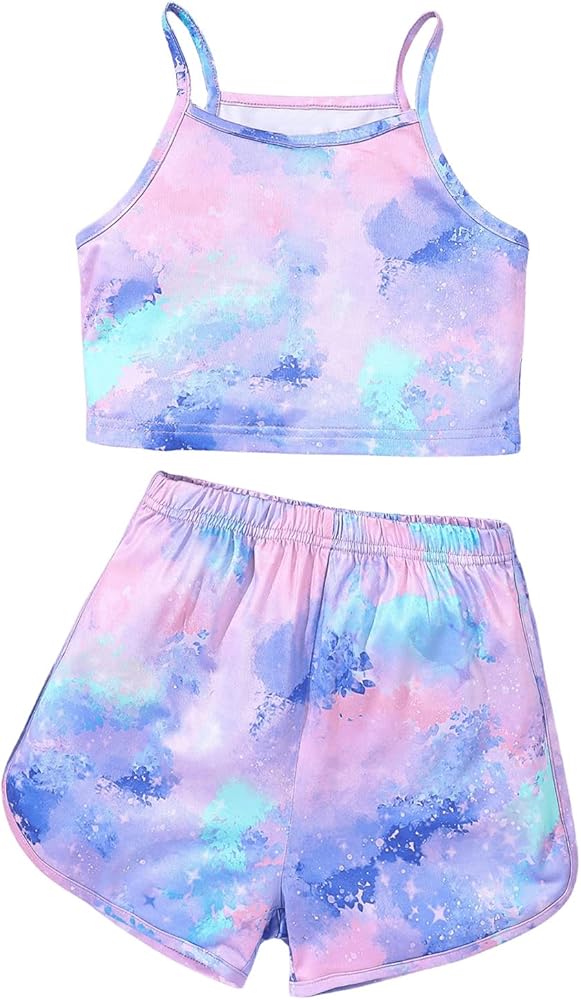 SweatyRocks Girl's 2 Piece Outfits Tie Dye Spaghetti Strap Cami Tops and Shorts Set